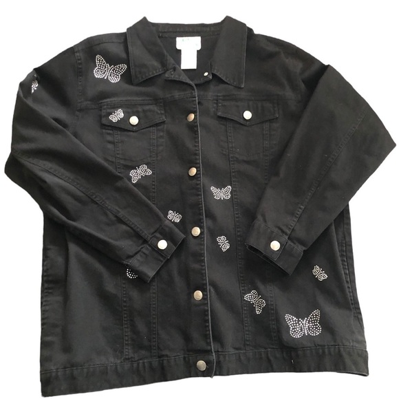 Quacker Factory Denim Stretch Jacket L Rhinestone Butterflies Casual Wardrobe - Picture 1 of 9